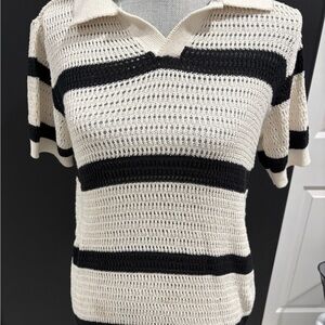 Zara Cream Open-Knit Polo Sweater with Black Accents